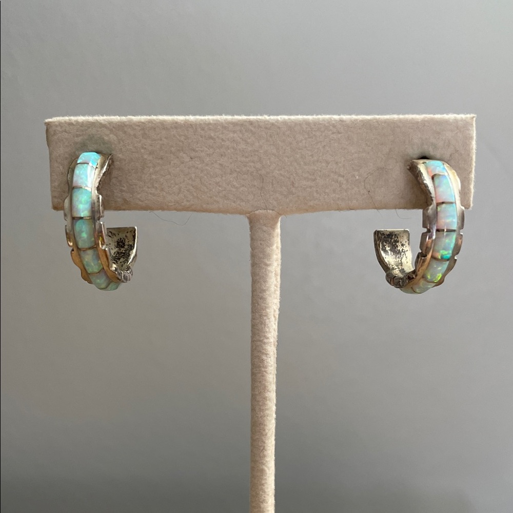 Vintage 90s Sterling Silver 925 Navajo Southwest Opal Inlay Open Hoop Earrings